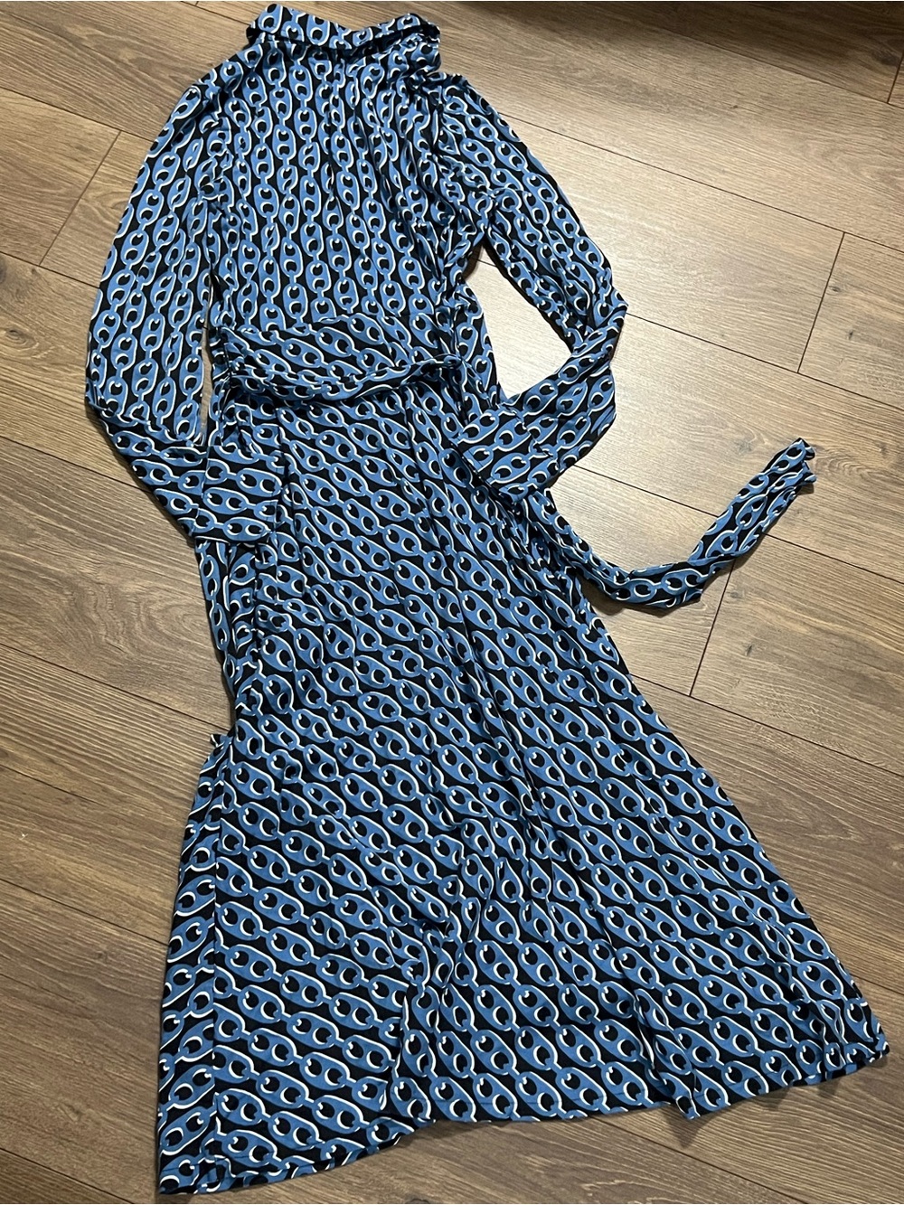 Boden Laura Jersey Midi Shirt Dress Blue Geo Chain Link US 4L / UK 8L - Picture 4 of 9
